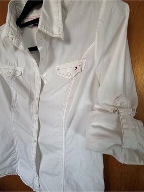 Tommy Vintage Long Sleeve White Cotton Button-Up Fitted Utility Shirt Logo